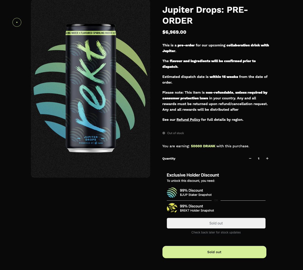 libautech's tweet image. 🔥 SOLD OUT: @rektdrinks x @JupiterExchange pre-order drop!

Another Web2→Web3 success powered by token-gating.

Create exclusive holder benefits for your Solana community on Shopify with Minty app 🚀