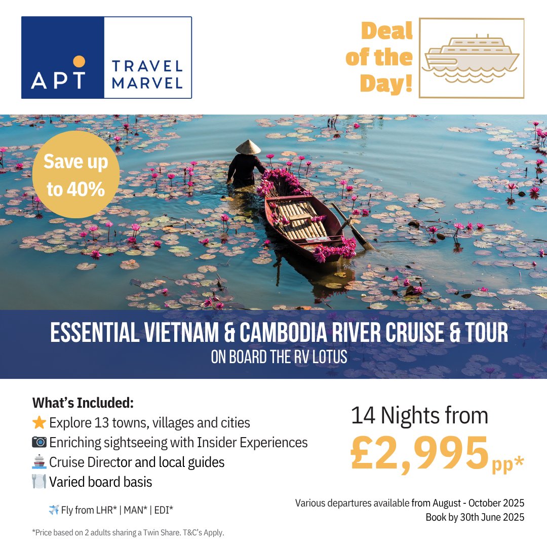 DelmarWorld's tweet image. 🚢 Save up to 40%!
🌏 Essential Vietnam & Cambodia River Cruise
🗓️ 14 nights | Aug–Oct 2025
👨🏫 13 towns, insider experiences
✈️ LHR | MAN | EDI
💸 From £2,995pp
📞 01978 853886 / 0151 363 6115
📧 sales@delmarworld.co.uk
#RiverCruise #APTTravelmarvel