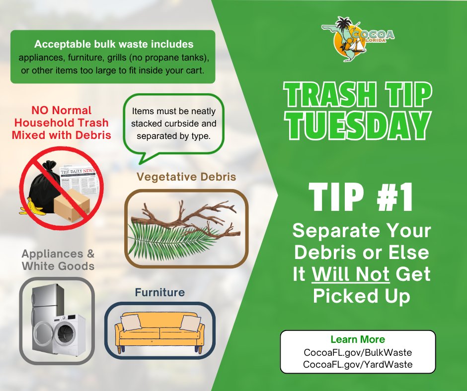 It's Trash Tip Tuesday and Global Garage Man Day! Thank you to to the hard working men and women who keep our communities clean. To ensure bulk waste will be picked up, debris must be separated. 

Bulk Waste: cocoafl.gov/1872/Residenti…

Yard Waste:  cocoafl.gov/1656/Residenti…