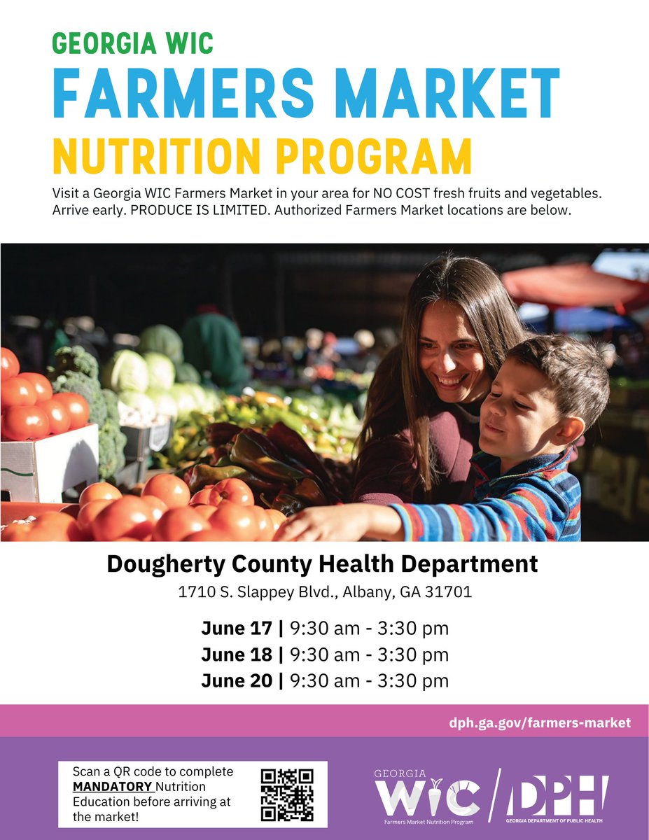 Join us TODAY at the Dougherty County Health Department! Fresh fruits and vegetables at no cost for WIC participants. Complete your mandatory nutrition education before attending gawiconline.org/index.cfm