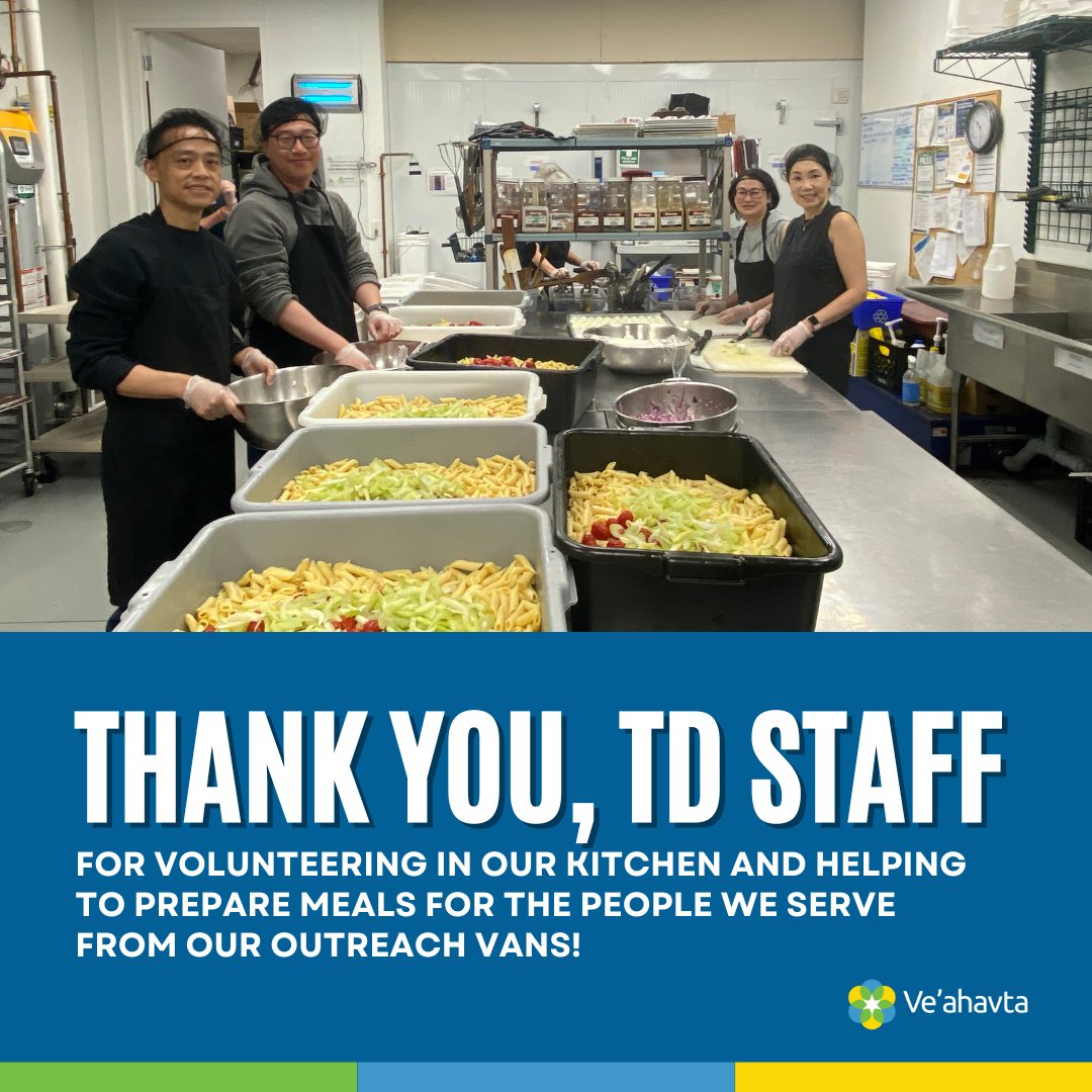 Thank you to staff from @TDCanada for your enthusiastic volunteer work! The energy of your group was palpable, as you prepared pasta salad in the Ve'ahavta kitchen for the people we serve from our outreach vans.