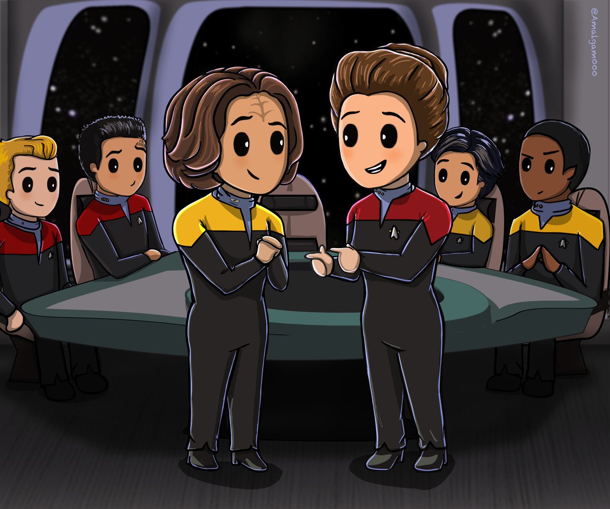 Amalgam000_JC's tweet photo. #Parallax - "Warp Particles!"
Not strictly #JC, but I couldn't resist illustrating this iconic #StarTrekVoyager scene! I just love how these 2 strong, smart women found common ground in science!
(see thread for new shirt designππΌ)
#CartoonVoyager #Janeway #BElannaTorres #Fanart https://t.co/971Yc4qbPW