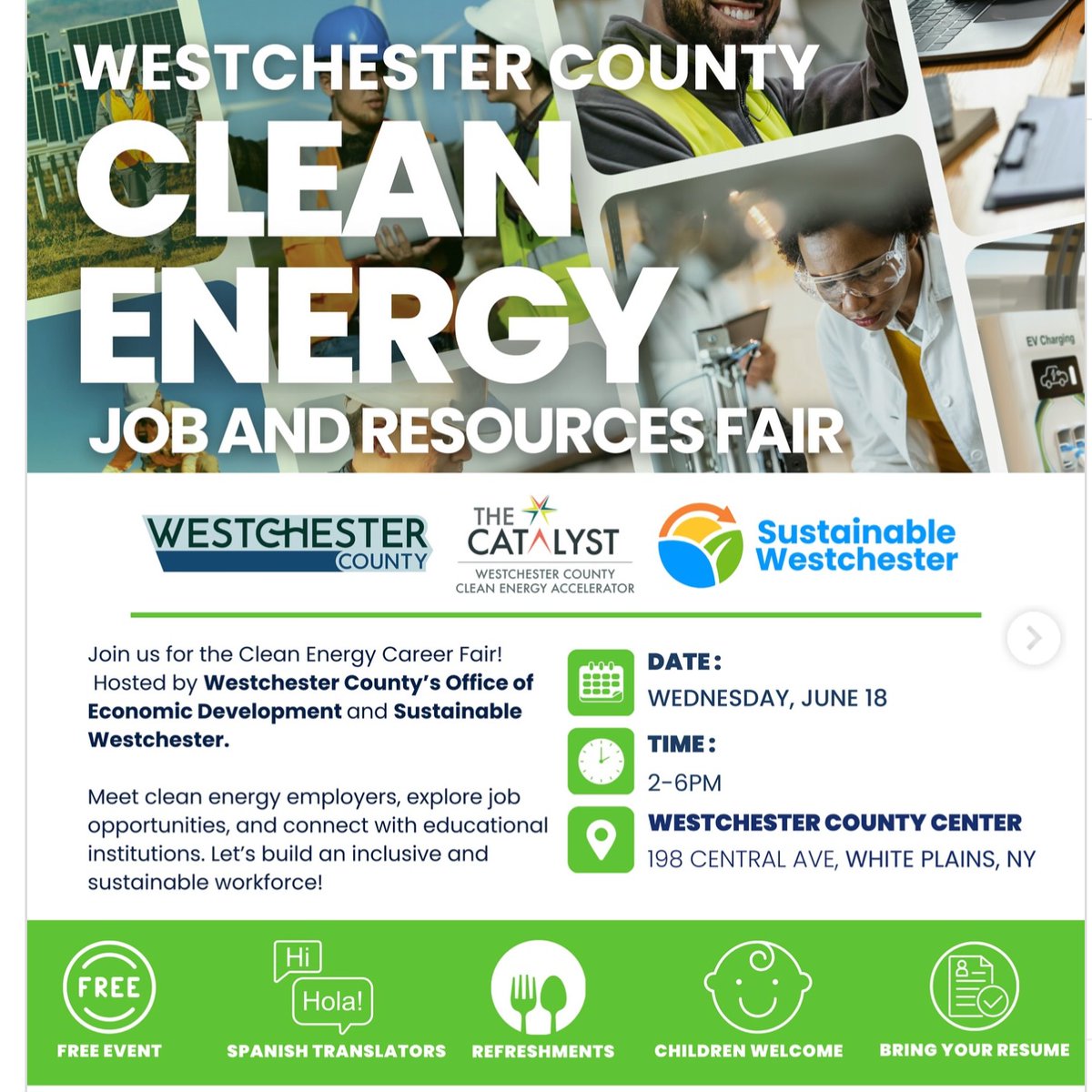 Clean Energy Career Paths include more types of jobs than you might think. On June 18th you can meet multiple employers at Westchester County Center and learn about the wide variety of jobs available in this growing sector! Register at &gt; ow.ly/4jF250Wa8MF