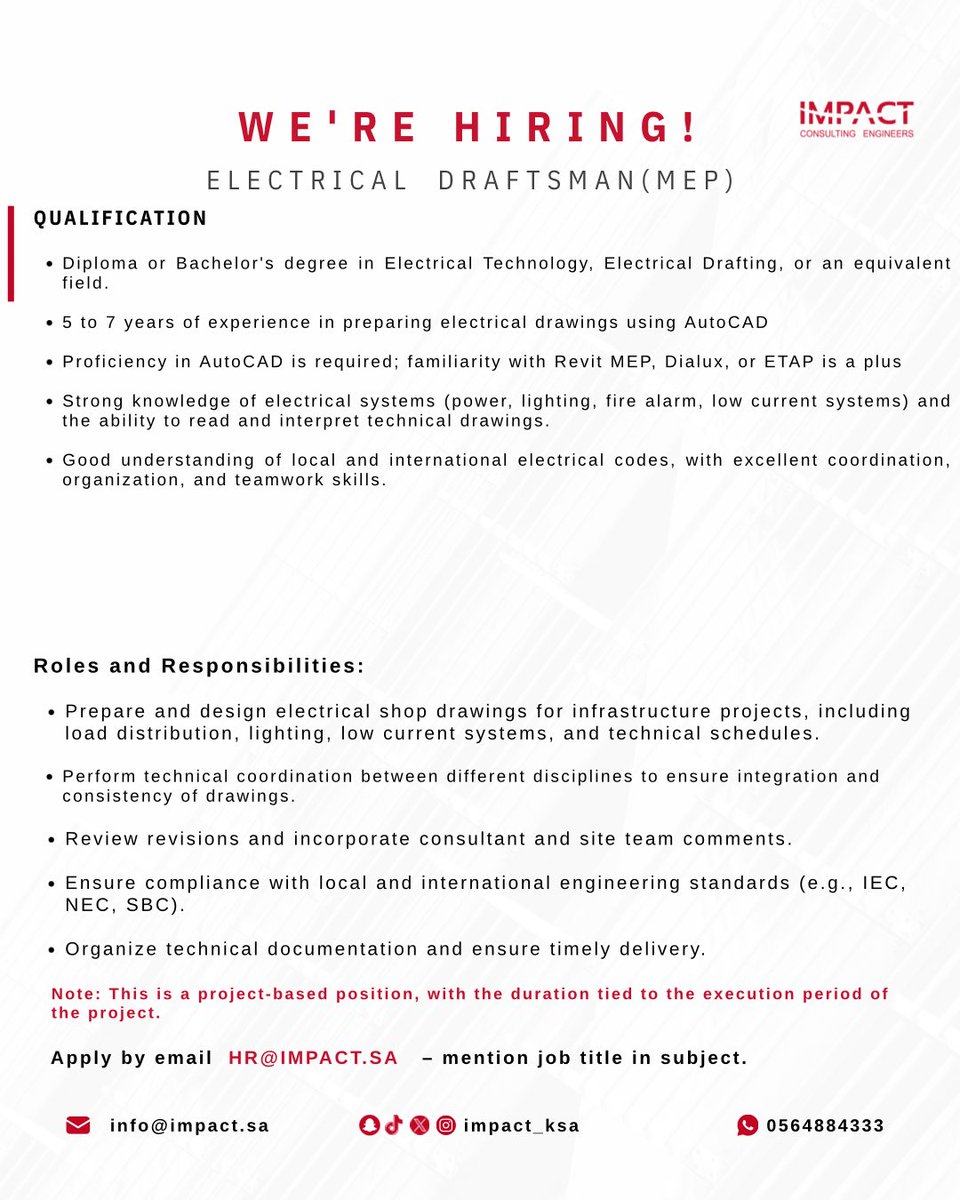 impact_ksa's tweet photo. We're Hiring!

-Electrical Draftsman (MEP) 

- Mechanical Draftsman (MEP) 

- Architectural Draftsman

- Architectal Engineer

 -Document Controller 

#شركة_التأثير_للإستشارات_الهندسية
#HiringNow https://t.co/P3nG0cCRNP