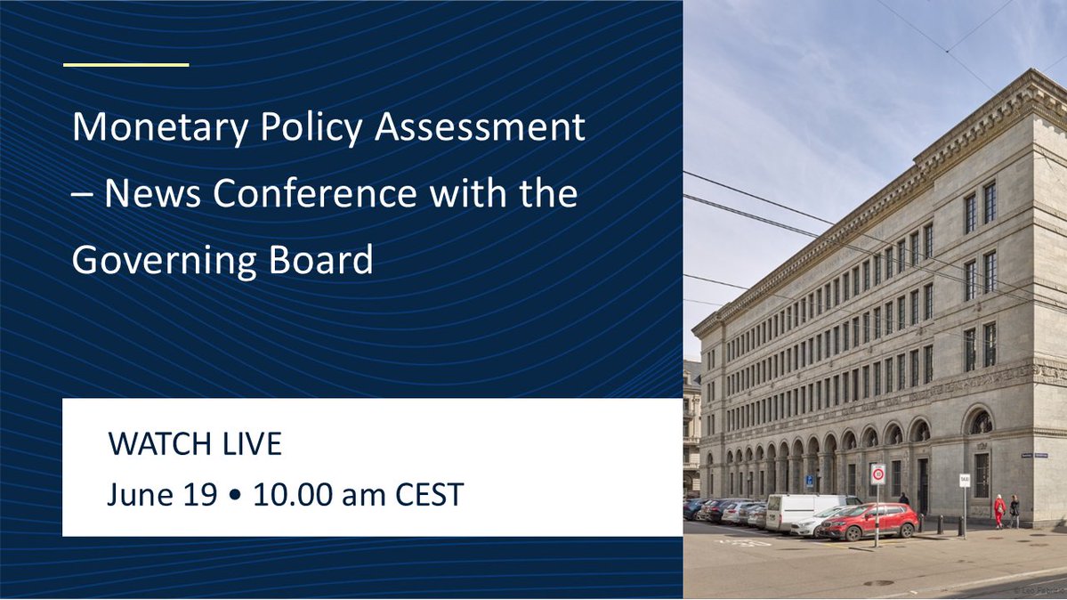 Monetary policy assessment: The news conference with the Governing Board will start on 19 June at 10.00 am CEST and can be followed live here:
snb.ch/en/services-ev…