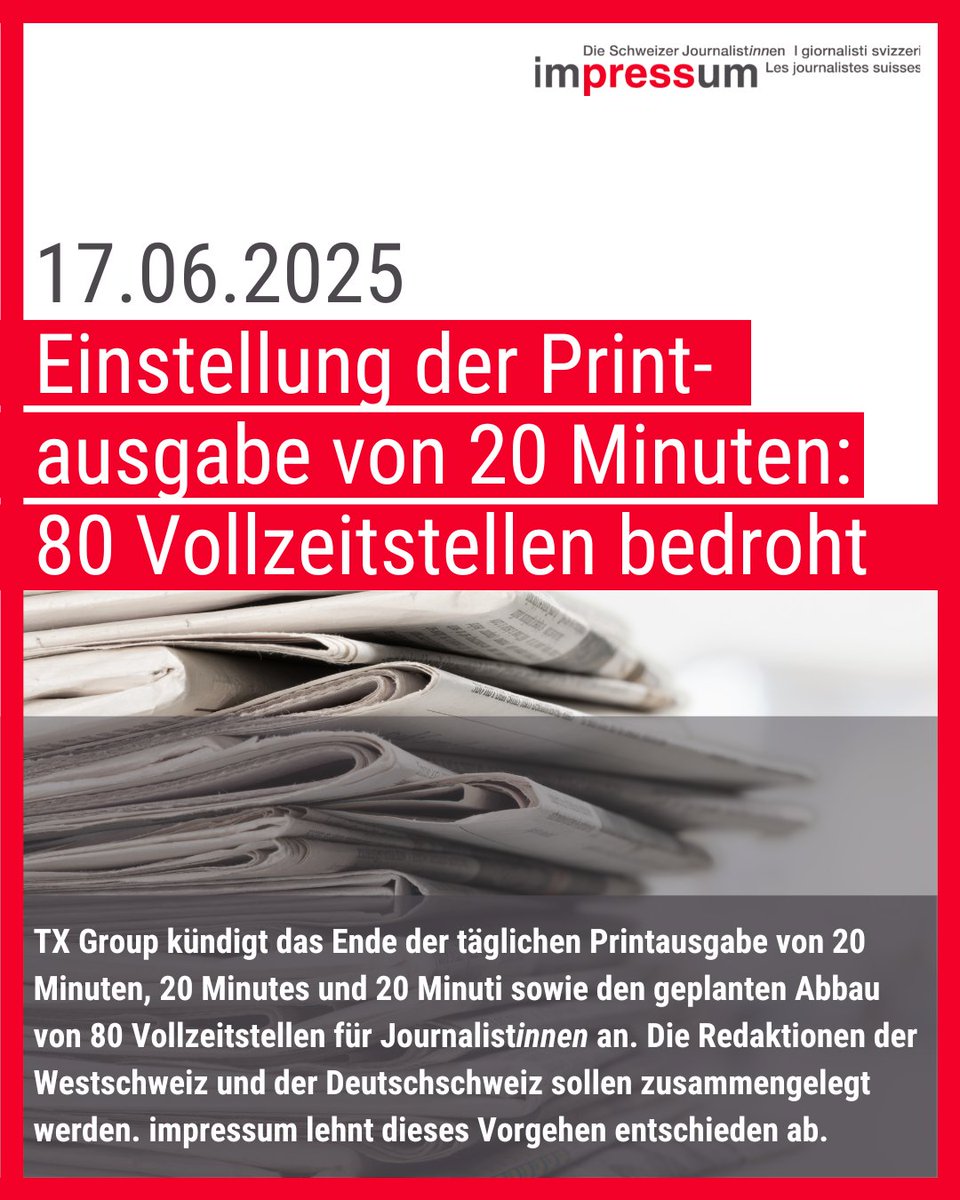 impressum s’oppose  fermement aux #licenciements à #20Minutes annoncés aujourd’hui par #TXGroup. Notre association sera aux côtés des journalistes concernés pour  négocier avec la direction.