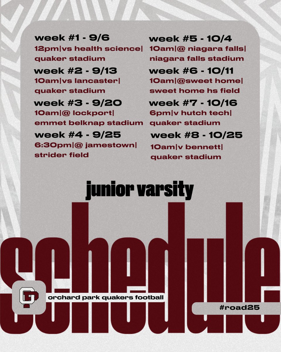 Excited to share our #ROAD25 JV Quakers 🏈 Schedule!  #ROAD25 #OPNE <a href="/op_athletics/">OP Athletics</a> <a href="/OPBoosterClub/">OP Booster Club</a>