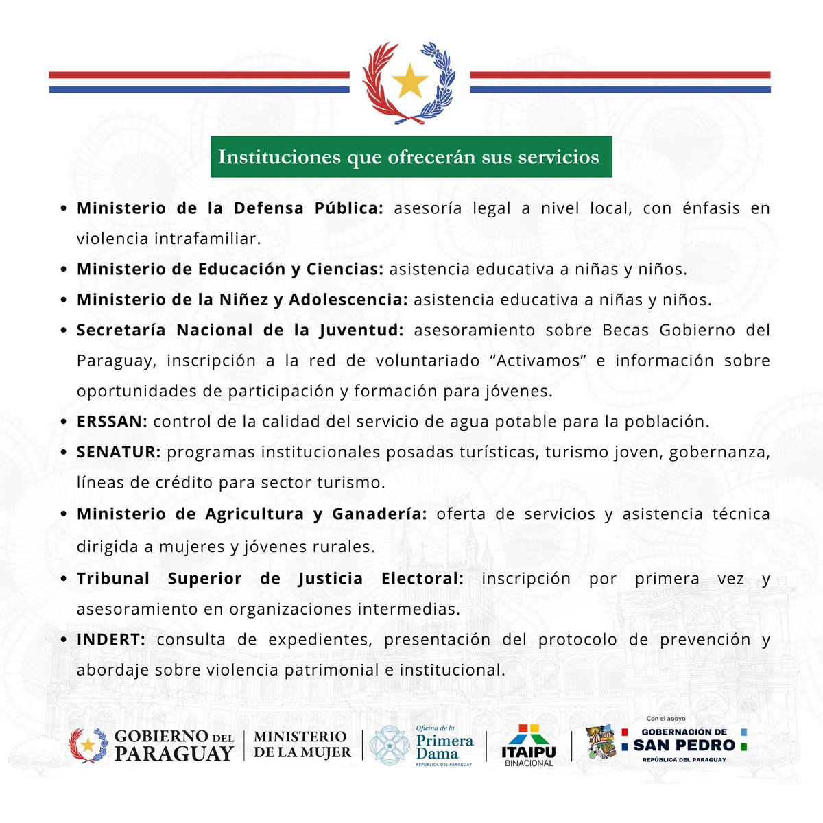 Ministerio de la Mujer (@minmujerpy) on Twitter photo 🚍 Continúan llegadas del programa Ciudad Mujer Móvil en los departamentos para brindar servicios gratuitos a la población 🇵🇾
📆 Este jueves 19 y viernes 20 de junio estará en #SanPedro, de 7:00 a 13:00, con apoyo de la <a href="/OPDPARAGUAY/">Oficina de la Primera Dama</a> e <a href="/itaipuparaguay/">ITAIPU Binacional Py</a>
lc.cx/pRqA-2 🚍 Continúan llegadas del programa Ciudad Mujer Móvil en los departamentos para brindar servicios gratuitos a la población 🇵🇾
📆 Este jueves 19 y viernes 20 de junio estará en #SanPedro, de 7:00 a 13:00, con apoyo de la <a href="/OPDPARAGUAY/">Oficina de la Primera Dama</a> e <a href="/itaipuparaguay/">ITAIPU Binacional Py</a>
lc.cx/pRqA-2