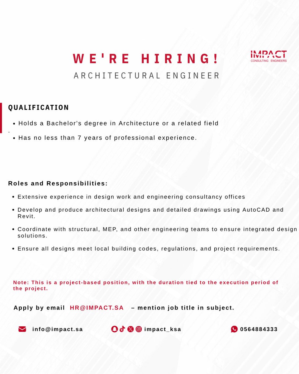 impact_ksa's tweet photo. We're Hiring!

-Electrical Draftsman (MEP) 

- Mechanical Draftsman (MEP) 

- Architectural Draftsman

- Architectal Engineer

 -Document Controller 

#شركة_التأثير_للإستشارات_الهندسية
#HiringNow https://t.co/d2TT6an240