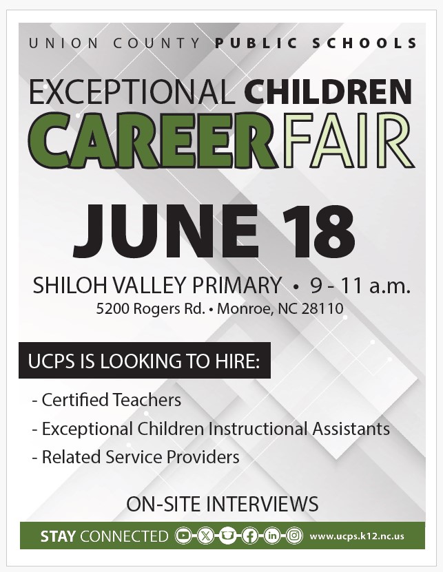 We are 1 day away from the 1st UCPS Exceptional Children Career Fair. We're looking to hire Certified Teachers, EC Instructional Assistants, and Related Service Providers.
Date: June 18, 2025
Time: 9:00–11:00 a.m.
Location: 5200 Rogers Rd. Monroe, NC 28110
@ucpnc
@Aghoulihan