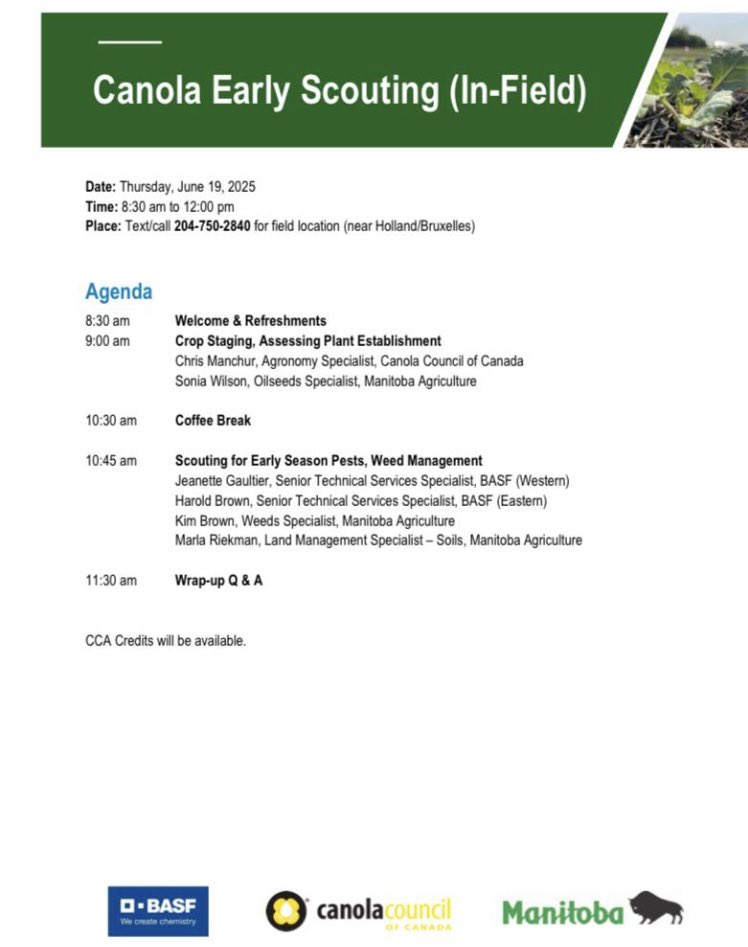 CallumMorrisons's tweet image. 2 Great FREE @MBGovAg Scouting Events THIS WEEK!
Canola Early Scouting
🗓️ June 19 | ⏰ 8:30am–12pm
📍 Near Holland (Text 204-750-2840)
Soybean Crop Scouting
🗓️ June 20 | ⏰ 10am–12pm
📍 North of Beausejour (SW 6-14-8E)
#MBAg #CdnAg #WestCdnAg #AgTwitter