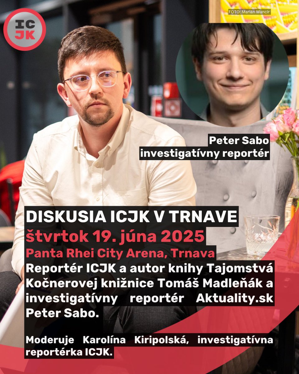Už vo štvrtok diskusia ICJK v Trnave v kníhkupectve Panta Rhei s Tomášom Madleňákom a investigatívnym reportérom Aktuality.sk Petrom Sabom.

facebook.com/events/s/trnav…