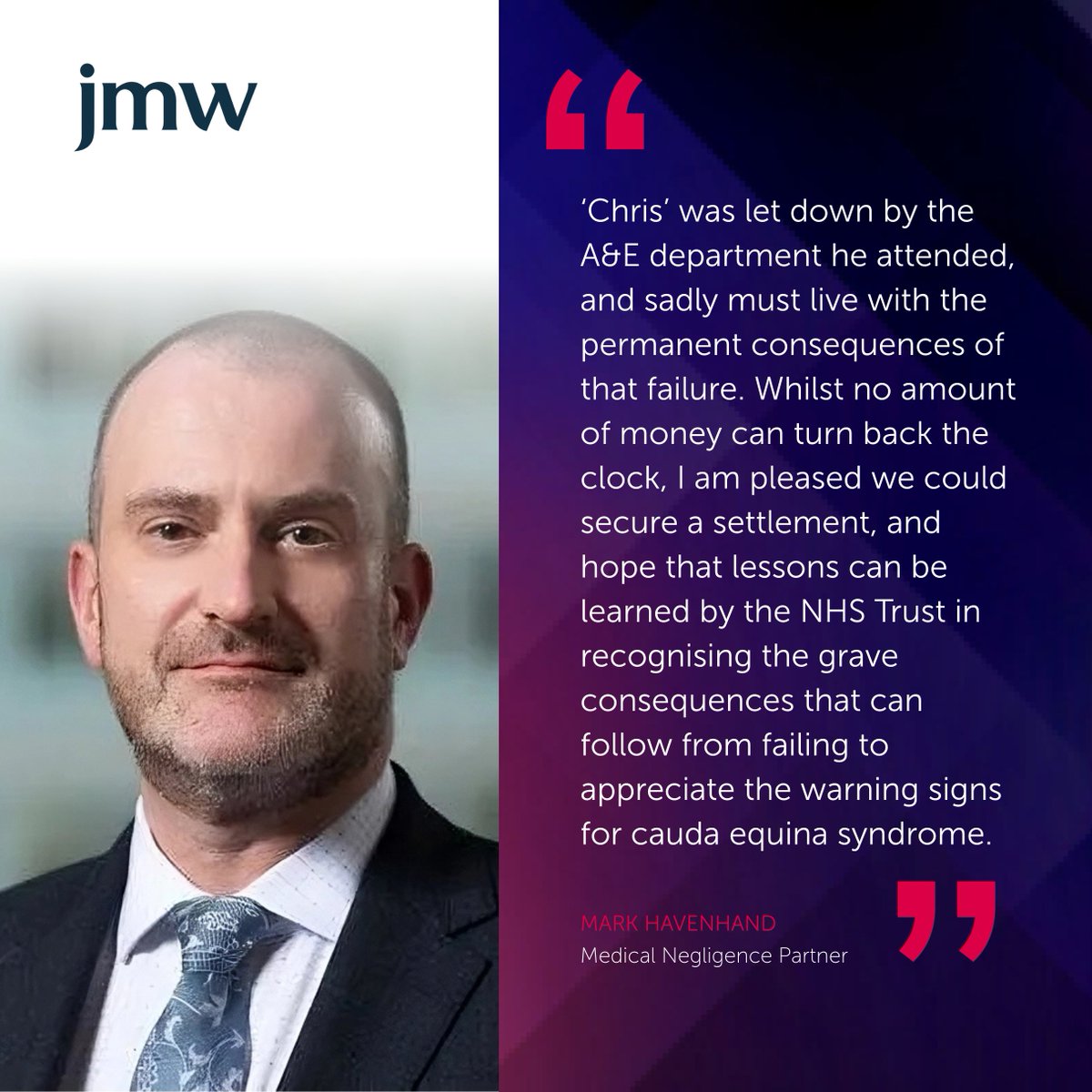 After attending A&amp;E with symptoms of cauda equina syndrome, 'Chris' was initially sent home. He received treatment a week later, but permanent damage had already been done.

Read how JMW’s <a href="/HavenhandMark/">Mark Havenhand</a> helped him secure £500,000 to support his recovery:
jmw.co.uk/success-storie…