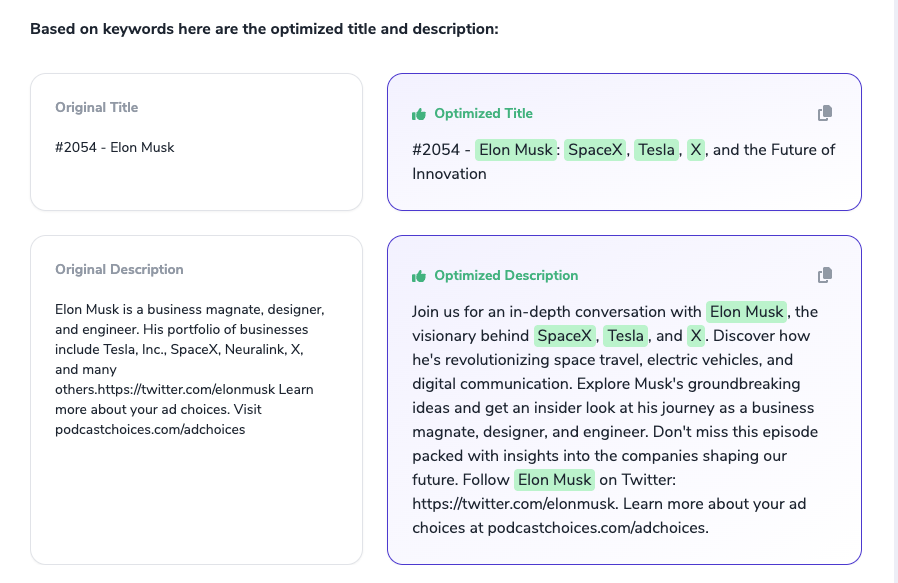 We just launched a new tool that helps podcasters get their podcast discovered on Spotify, YouTube, and Google. 
It’s something I’ve wanted to build for a while!

Here’s how it works:
1- Search for your podcast
2- Choose an episode
3- We’ll optimize your title and show notes so