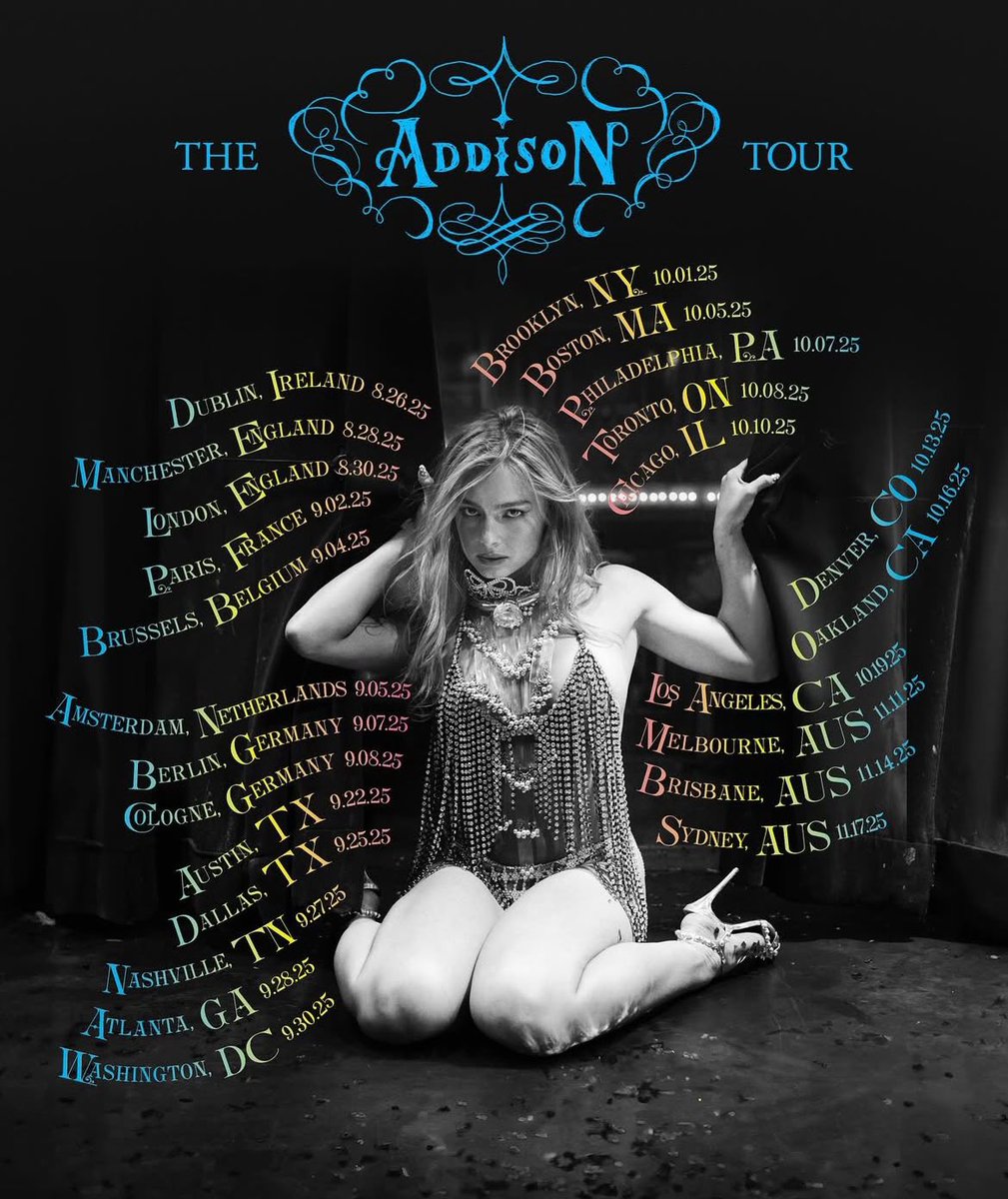 🚨Addison Rae revealed the dates for her first tour, titled “The Addison Tour”.