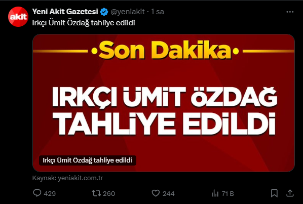 darkwebhaber's tweet photo. Yeni Akit, Ümit Özdağ'ın tahliye haberini böyle verdi: https://t.co/vkZeqJ6pmZ