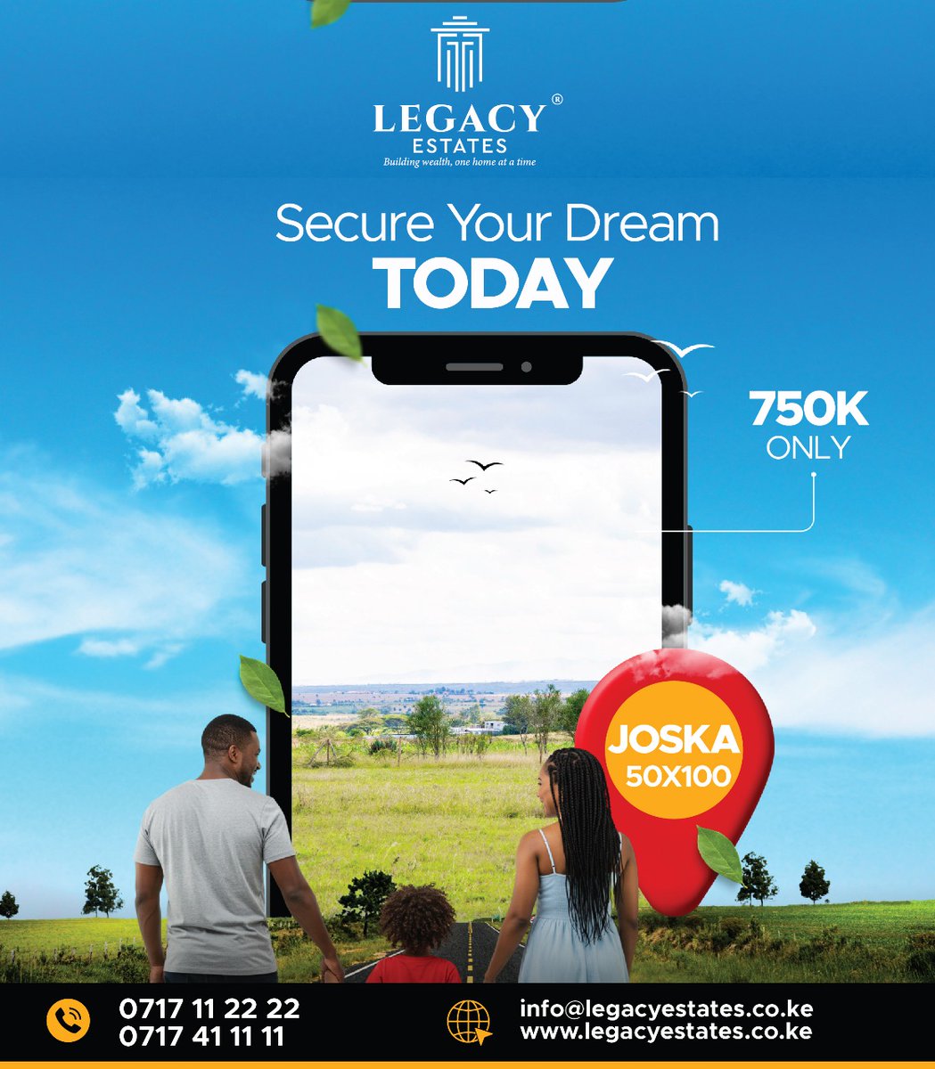 future_fortun's tweet image. For just 750K, you can secure a 50x100 plot and turn your dream into reality.
No more waiting start building your future TODAY with Legacy Estates.

Call us now: 0717 11 22 22 | 0717 41 11 11
Or email us: info@legacyestates.co.ke

#legacyestates #ownlandtoday #titledeedready
