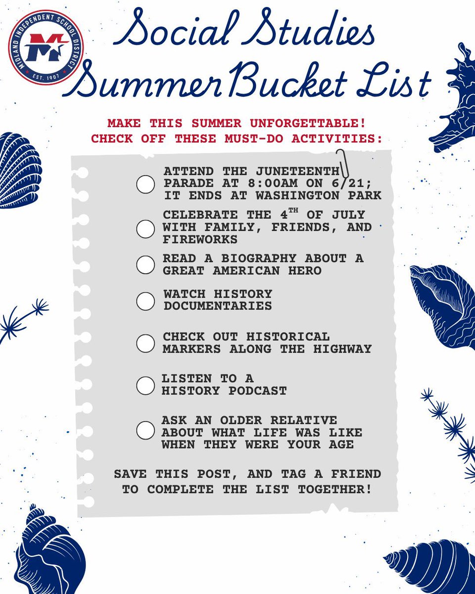 Midland_ISD's tweet image. Celebrate freedom, honor our past, and get ready for the future! Our Social Studies Bucket List makes the past come alive and keeps the learning going all summer long! 

#SocialStudiesMatters because tomorrow’s leaders are  #MadeInMISD!