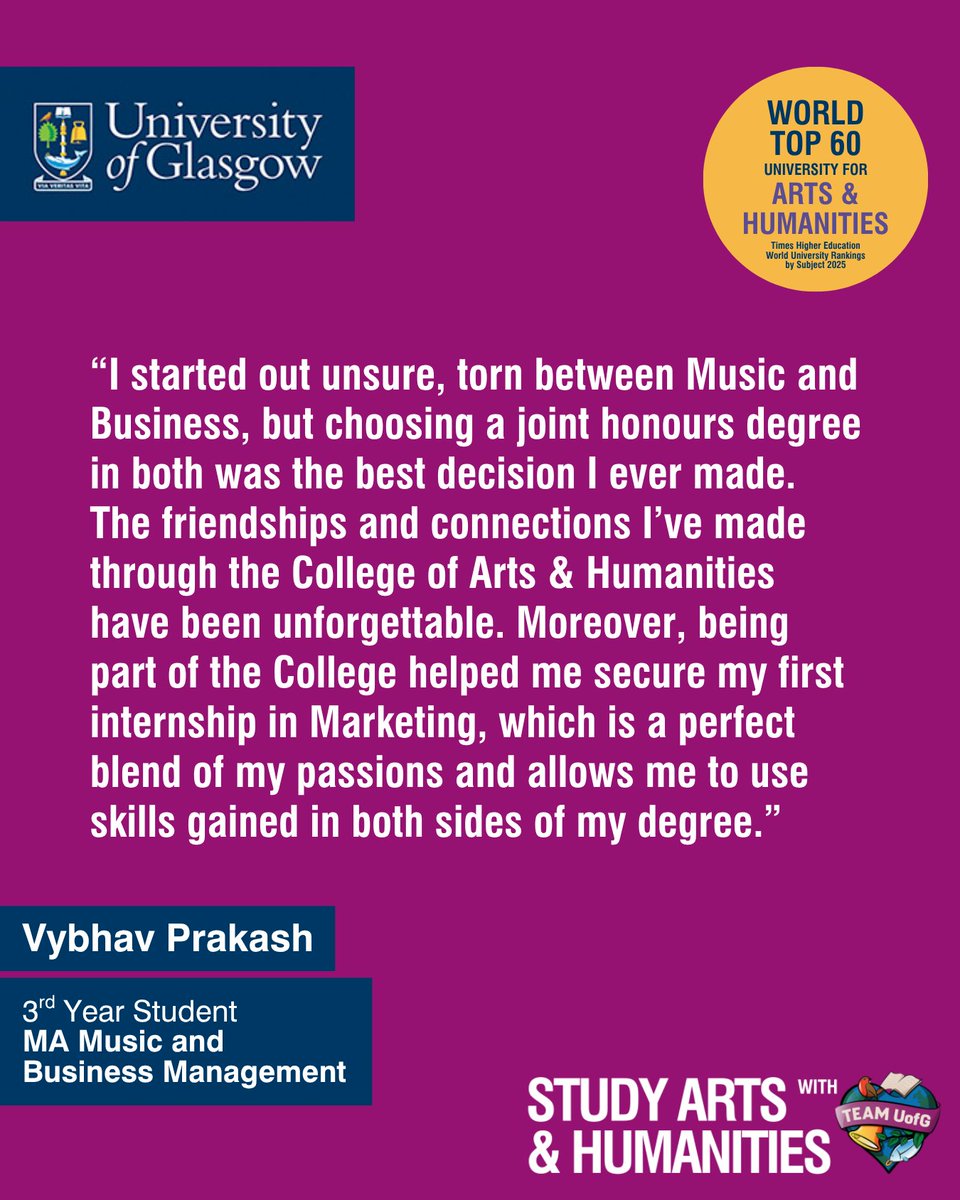 "I started out unsure, torn between Music and Business, but choosing a joint honours degree in both was the best decision I ever made." 🎶💼

👉 Find out more about our undergraduate degrees and apply today: gla.ac.uk/colleges/arts/…