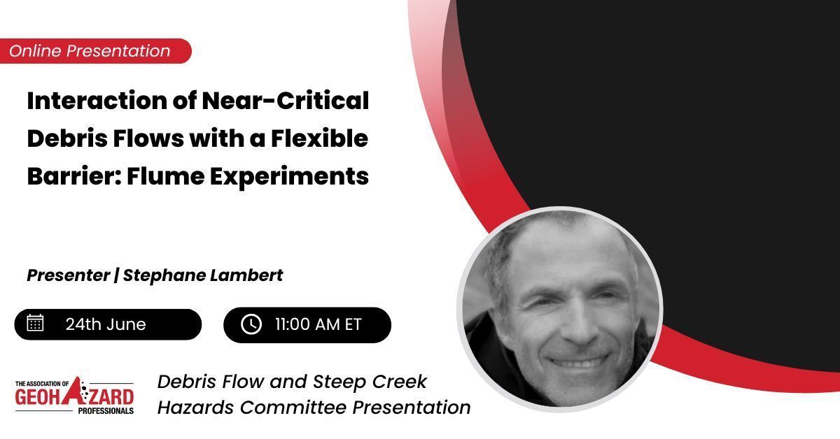 Upcoming Presentation

Interaction of Near-Critical Debris Flows with a Flexible Barrier: Flume Experiments
🗓 Tuesday, June 24 | 🕚 11 AM – 12 PM ET

✅ Free Registration
📎 Learn more &amp; sign up: buff.ly/iNDuQSE 

#DebrisFlow #NaturalHazards #Geotech #Engineering