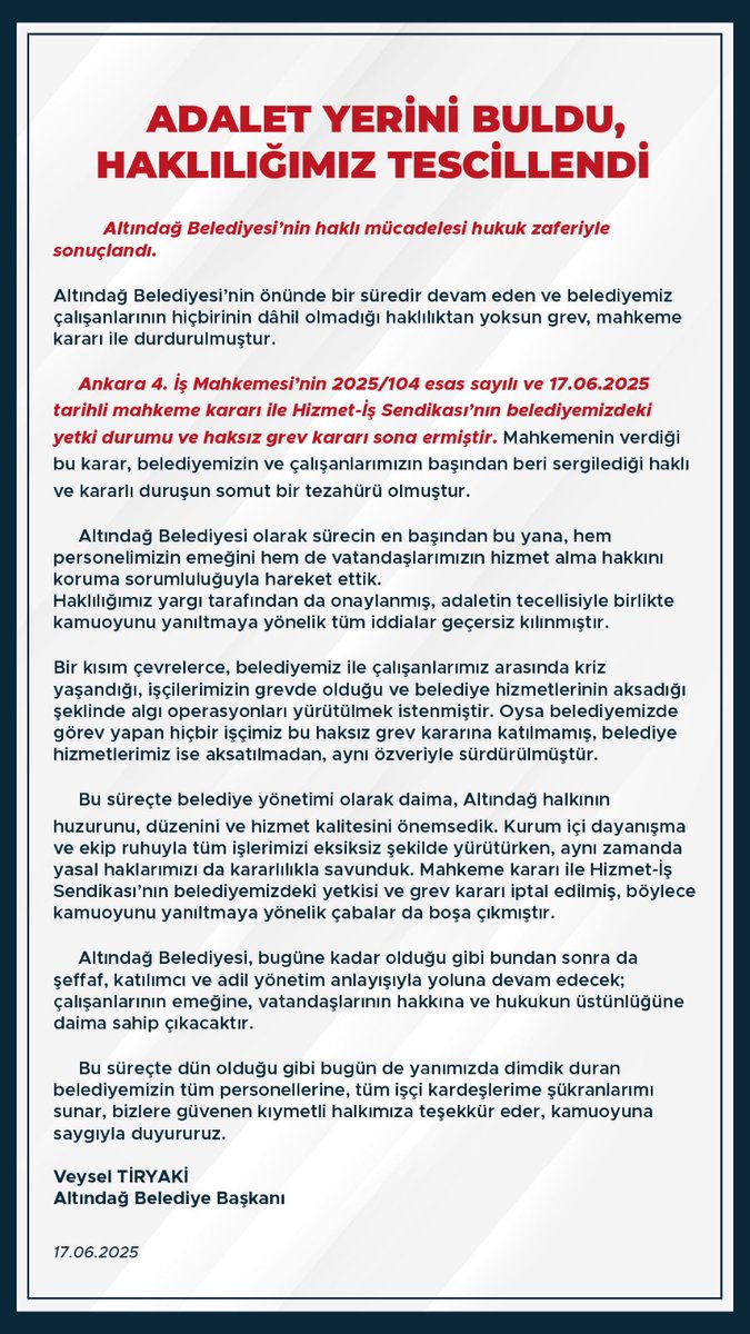 Adalet yerini buldu. Haklılığımız tescillendi. 
Kamuoyuna saygımla duyururum.
