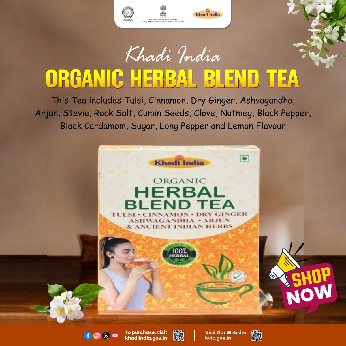 Khadi India Organic Herbal Blend Tea is a 100% organic, refreshing health drink loaded with the rich medicinal values of ancient Indian Ayurvedic herbs. A great way to boost your health naturally.

Visit your nearest #Khadi Gramodyog Bhavan to purchase all #KVIProducts or Shop
