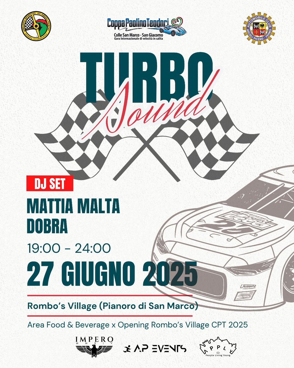 ApEventsaps's tweet image. 🎧 TURBOSOUND DJ SET
🔥 Opening party @ Rombo’s Village - Coppa Paolino Teodori 2025
📍 Pianoro di San Marco
🗓️ Venerdì 27/6 | 🕖 19:00–24:00 | 🎟️ Ingresso libero
🎶 @malta_mattia + @riccardo.brandimarti
🍔 Food &amp;amp; drink | 🚍 Navetta da Ascoli
📩 Info in DM