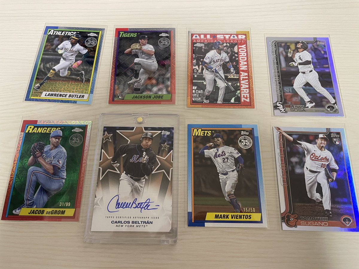 kenspi8's tweet image. US公式の昨日届いてたの開封！
ベルトランの50シリオートにデグロムクロームシリ、菅野ホログラム等々なかなかいい引きできたと思う！
#toppsseries2