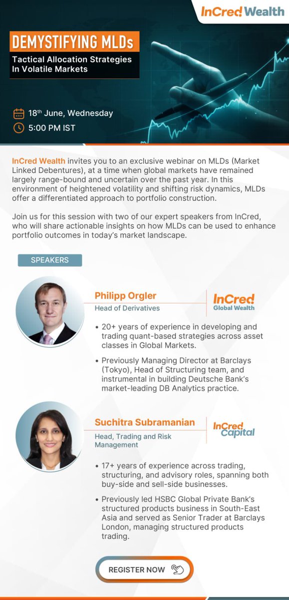 IncredCapital's tweet image. InCred Wealth invites you to an insightful webinar on ‘Demystifying MLDs: Tactical Allocation Strategies in Volatile Markets’.

🗓 Date: 18th June, Wednesday
🕔 Time: 5:00 PM IST

Gain expert perspectives on how MLDs can enhance portfolio outcomes in today’s dynamic environment.…
