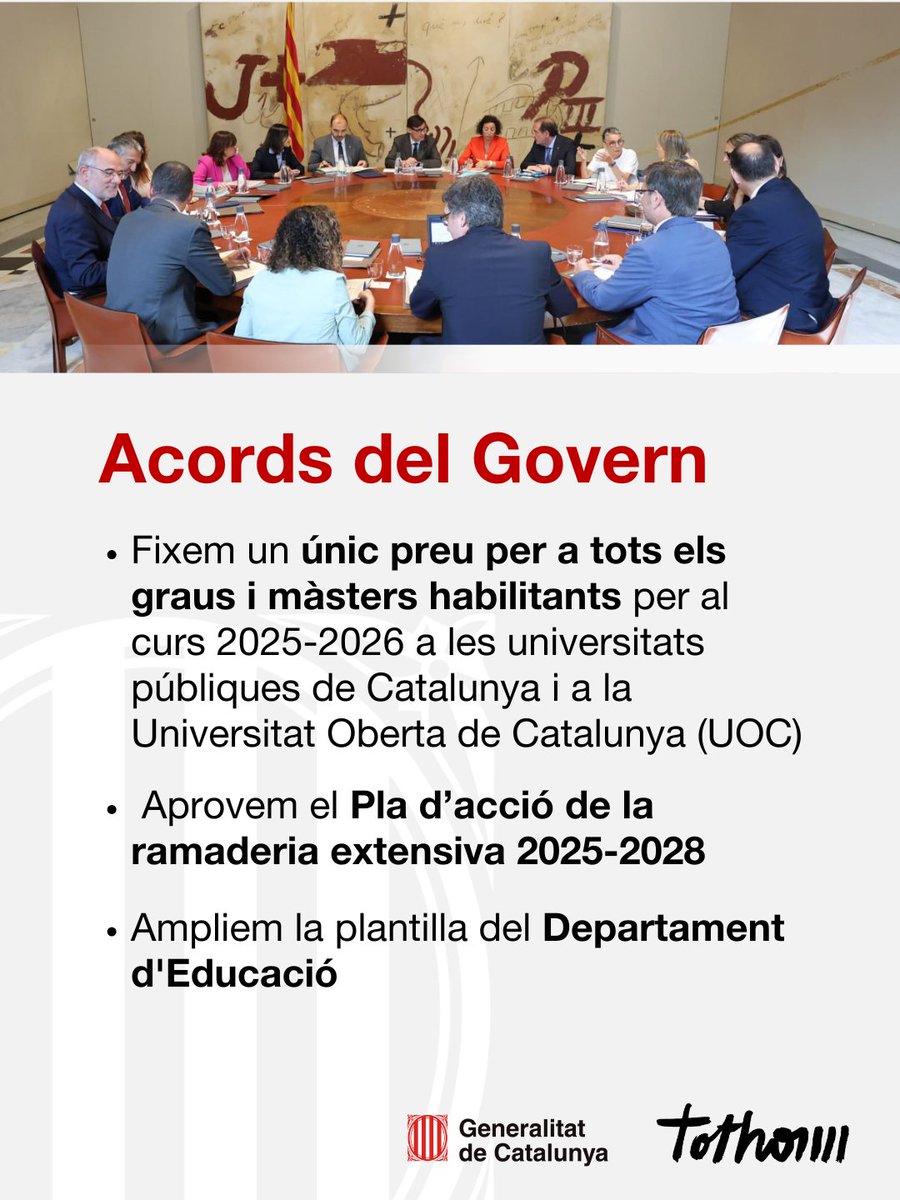 🆕Què hem aprovat avui en el Consell Executiu?

🔷Fixem un únic preu per a tots els graus i màsters habilitants
🔷Ampliem la plantilla d'<a href="/educaciocat/">Educació</a>
🔷Aprovem un conveni amb l’<a href="/OECD/">OECD ➡️ Better Policies for Better Lives</a> per a la millora  dels resultats educatius

ℹ️gen.cat/448JR1j

#ElGovernDeTothom