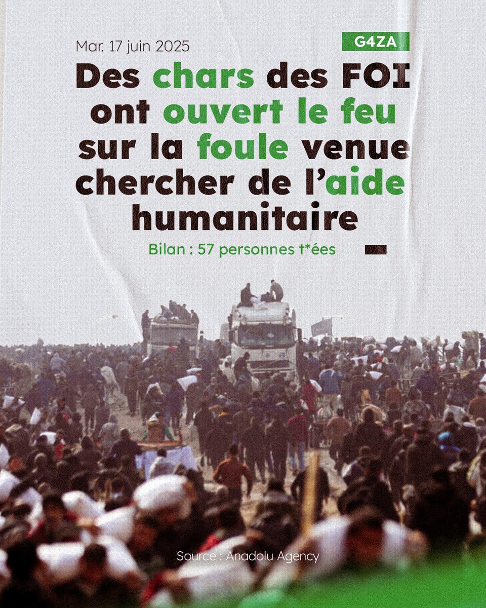 Des dizaines de morts ce matin près de Khan Younès, alors que des civils affamés attendaient de la farine.
La faim tue. La peur aussi.
‼️57 morts selon le ministère de la Santé.
#Gaza #AideHumanitaire #CaravanesSolidaires