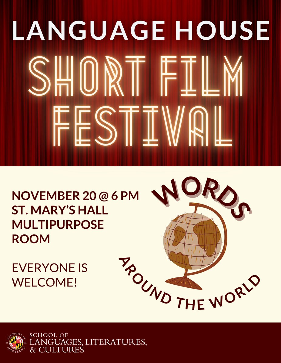Join us for an evening of short films created by our students on the theme "Words Around the World," this Thursday at 6pm in St. Mary's Hall! Films will have English subtitles. Everyone is welcome! <a href="/umd_arhu/">Maryland Arts & Humanities</a> <a href="/umdsllc/">School of Languages, Literatures, and Cultures</a> <a href="/MarylandGlobal/">Maryland Global</a>