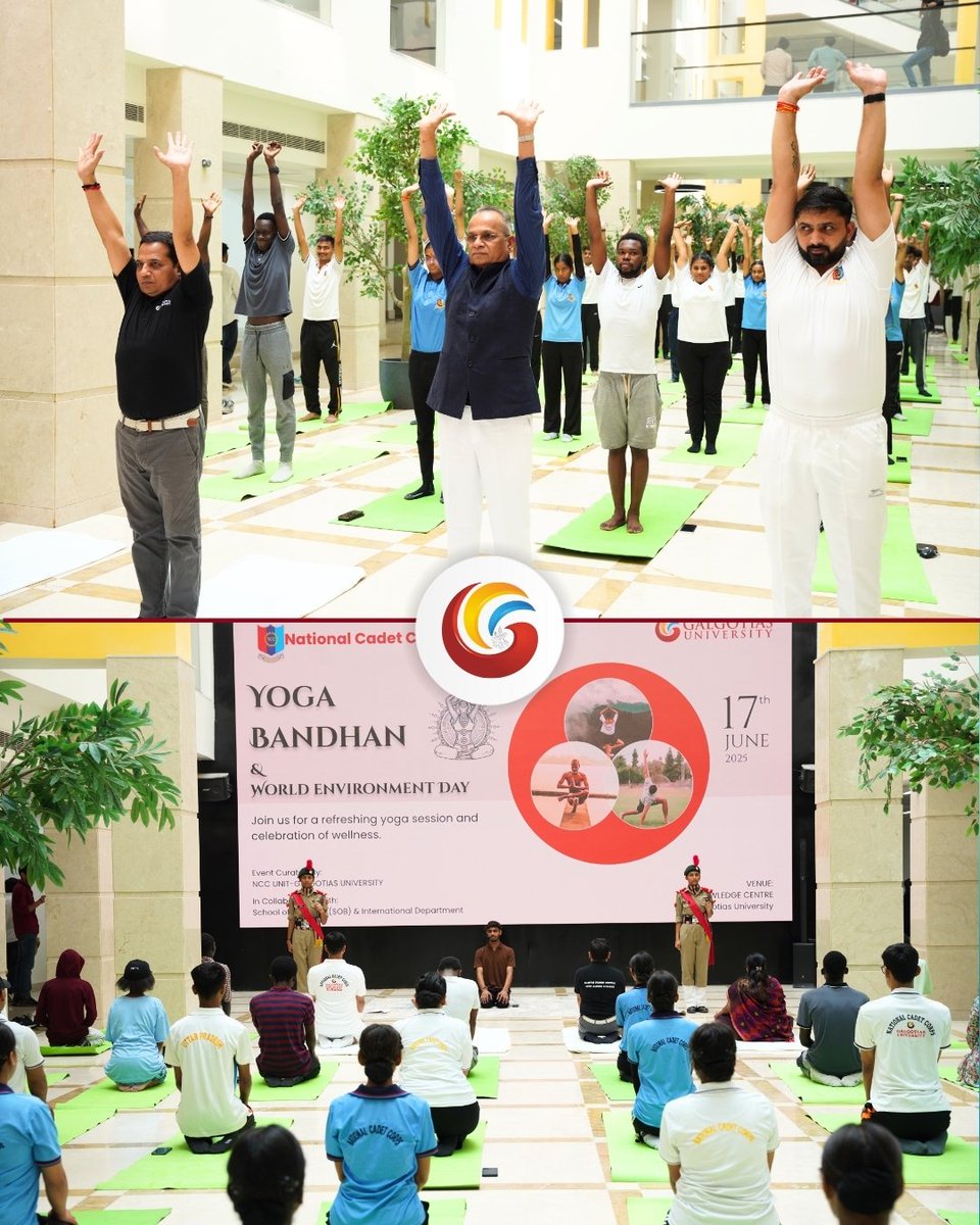 GalgotiasGU's tweet photo. Blending Wellness with Purpose | Yoga Bandhan & World Environment Day at Galgotias

Galgotias University marked a powerful convergence of wellness and environmental awareness through Yoga Bandhan, held in collaboration with NCC Galgotias University, the School of Business, and the International Department. The event brought together students, faculty, and cadets for a rejuvenating yoga session that emphasized physical balance, inner peace, and collective responsibility toward nature.

Led by the dedicated coordination of the NCC Unit and academic teams, the session highlighted how yoga and environmental mindfulness go hand in hand in building a healthier and more conscious generation. The initiative reflected Galgotias’ ongoing commitment to holistic development and global sustainability values.

#GalgotiasUniversity #YogaBandhan #WorldEnvironmentDay #NCCGalgotias #SchoolOfBusiness #InternationalDepartment #HolisticEducation #Sustainability #WellnessAtGalgotias #getyourselfplaced