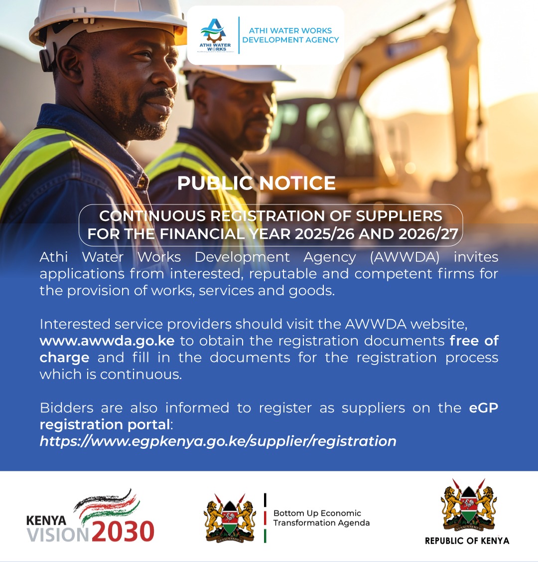 AthiWaterWorks's tweet image. Are you registered as a supplier? Here is your chance to be part of us.
AWWDA invites applications from interested, reputable and competent firms for the provision of works, services and goods for the FY 25/26 & 26/27.
See the poster below for further details.