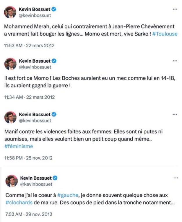 🚨🇫🇷 Le chroniqueur de CNews et Sud-Radio, Kevin Bossuet, professeur d’histoire-géo dans une école publique en banlieue parisienne, a remis son compte X/Twitter en public après l’avoir mis en privé pour supprimer plusieurs tweets (+1053 posts effacés en 24 heures), tous aussi
