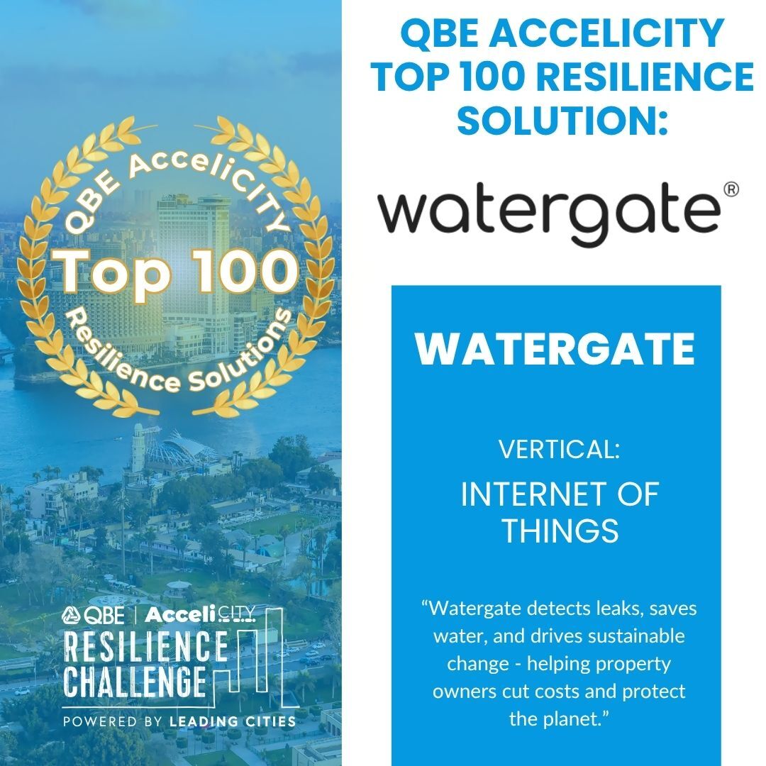 Proud to share that Watergate has been named a Top 100 Resilience Solution and selected as a PropTech Finalist in the global QBE AcceliCITY Resilience Challenge, powered by  <a href="/LeadingCities/">LeadingCities</a> and <a href="/QBE/">QBE</a> Insurance. Learn more: eu1.hubs.ly/H0l2CKc0