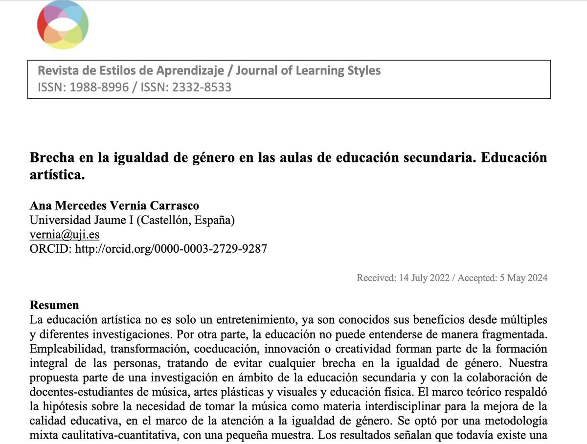 37
Revista de Estilos de Aprendizaje / Journal of Learning Styles, Volumen 17, Nº 33, 37-48.
revistaestilosdeaprendizaje.com
Revista de Estilos de Aprendizaje / Journal of Learning Styles
Brecha en la igualdad de género en las aulas de educación secundaria. Educación
artística.