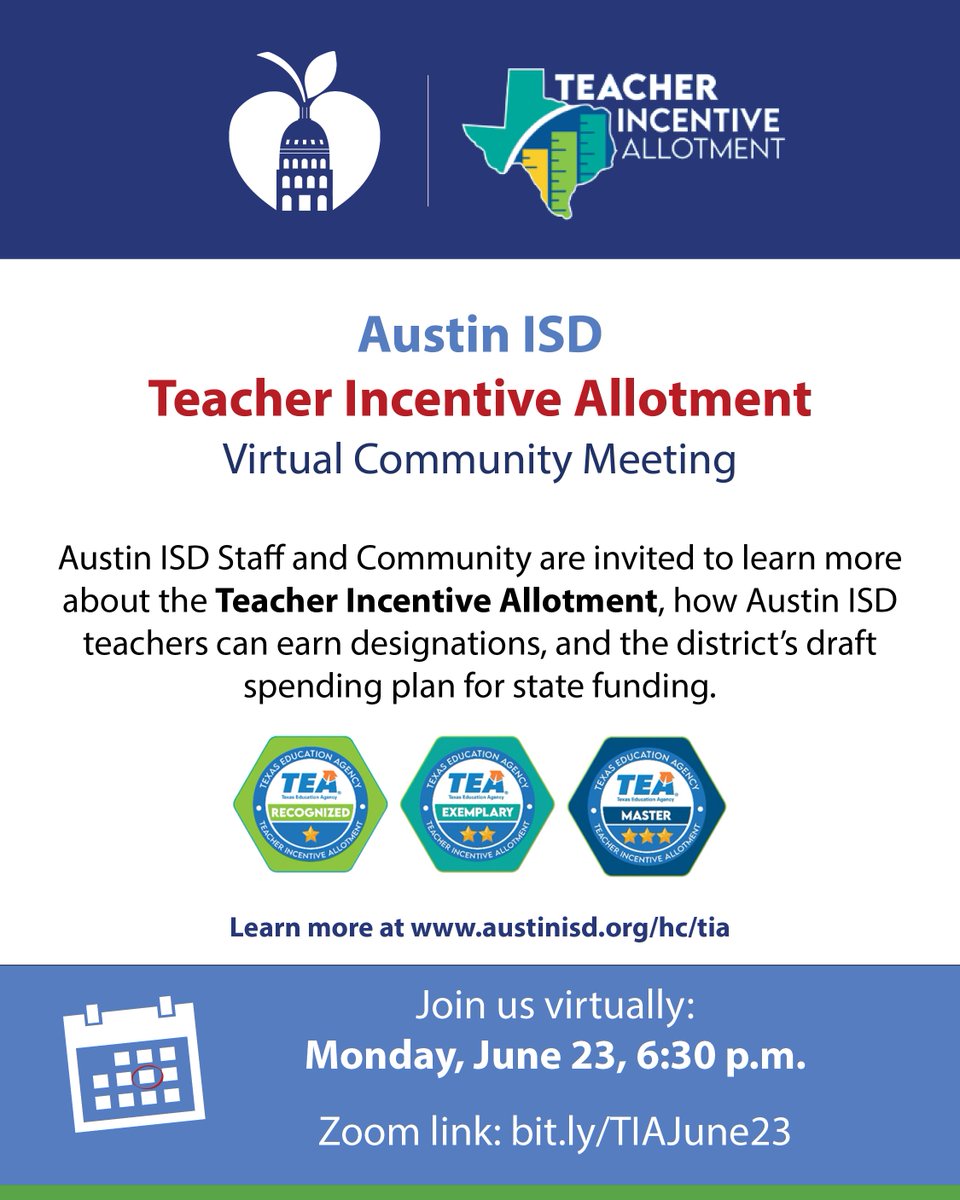 Austin ISD Office of Talent Strategy (@weareaisd) on Twitter photo Want to learn more about the Teacher Incentive Allotment in <a href="/AustinISD/">Austin ISD</a>?
Staff & community: join us for a virtual info session around TIA, how teachers can earn designations & the district's draft spending plan for state funding.
🗓️Mon. June 23, 6:30PM
🔗 bit.ly/TIAJune23 Want to learn more about the Teacher Incentive Allotment in <a href="/AustinISD/">Austin ISD</a>?
Staff & community: join us for a virtual info session around TIA, how teachers can earn designations & the district's draft spending plan for state funding.
🗓️Mon. June 23, 6:30PM
🔗 bit.ly/TIAJune23