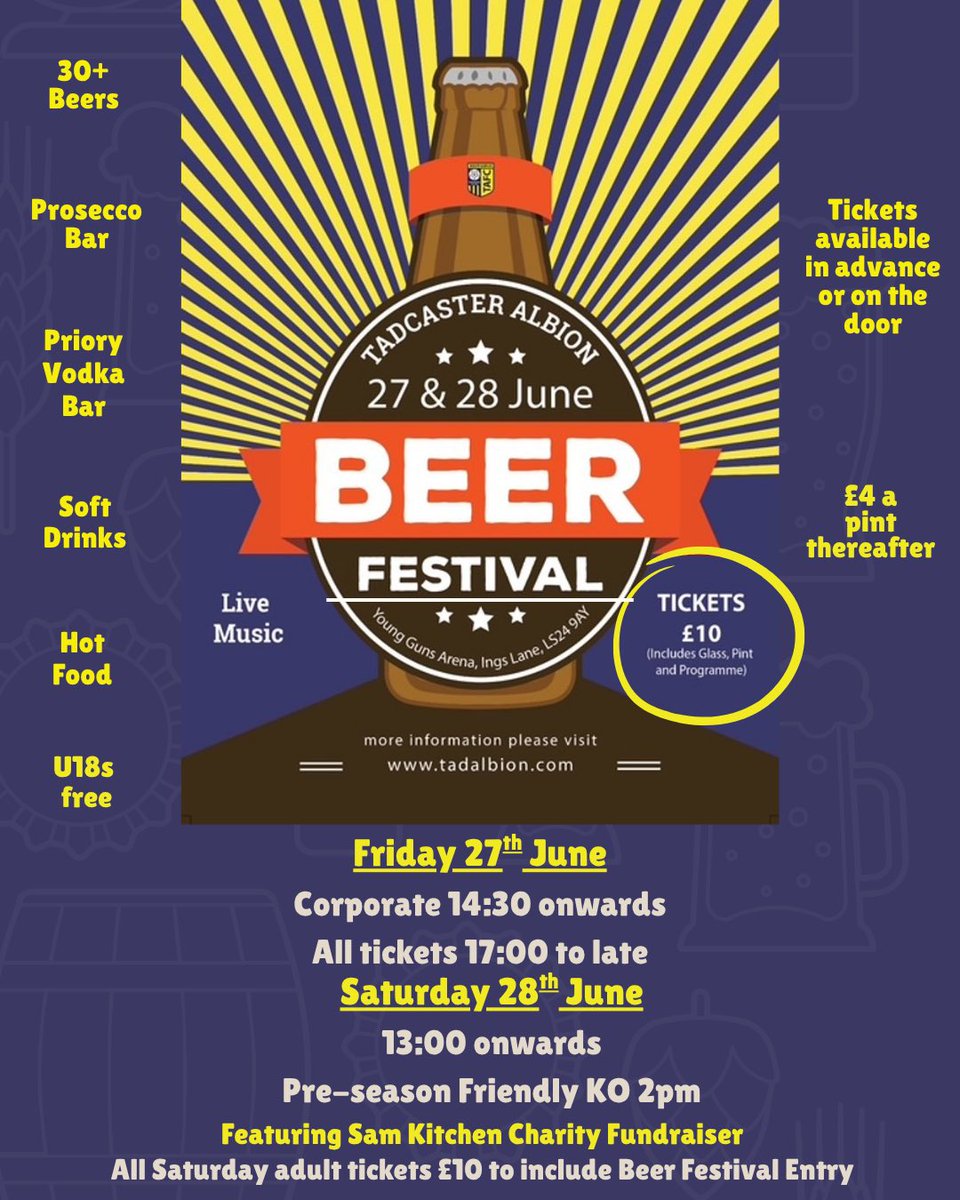 Tadcaster Albion (@tadcasteralbion) on Twitter photo π¨ Tadcaster Albion Beer Festival π¨ 
27th and 28th June 
Event details and timings 
Including Saturdays charity match
Get your tickets now!
Tickets available via 
tadcasteralbion.merlintickets.co.uk
Or
Contacting us via DM / email / phone
Or 
At Devine Meats Butchers Tadcaster π¨ Tadcaster Albion Beer Festival π¨ 
27th and 28th June 
Event details and timings 
Including Saturdays charity match
Get your tickets now!
Tickets available via 
tadcasteralbion.merlintickets.co.uk
Or
Contacting us via DM / email / phone
Or 
At Devine Meats Butchers Tadcaster