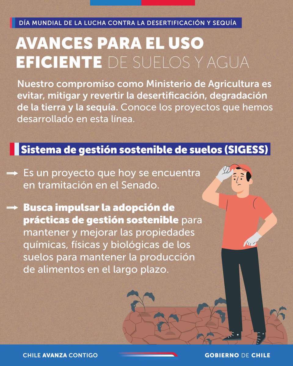 MinagriCL's tweet photo. 🫱🏻‍🫲🏾Si cuidamos la tierra, generamos oportunidades para todas y todos.

💧Crear mecanismos que resguarden los recursos naturales contribuye a impulsar la seguridad alimentaria e hídrica, apoyar la acción climática y crear resiliencia económica.

☝🏼Por ello, nuestro compromiso está en crear y materializar acciones que ayuden a mitigar el riesgo de desertificación de Chile.