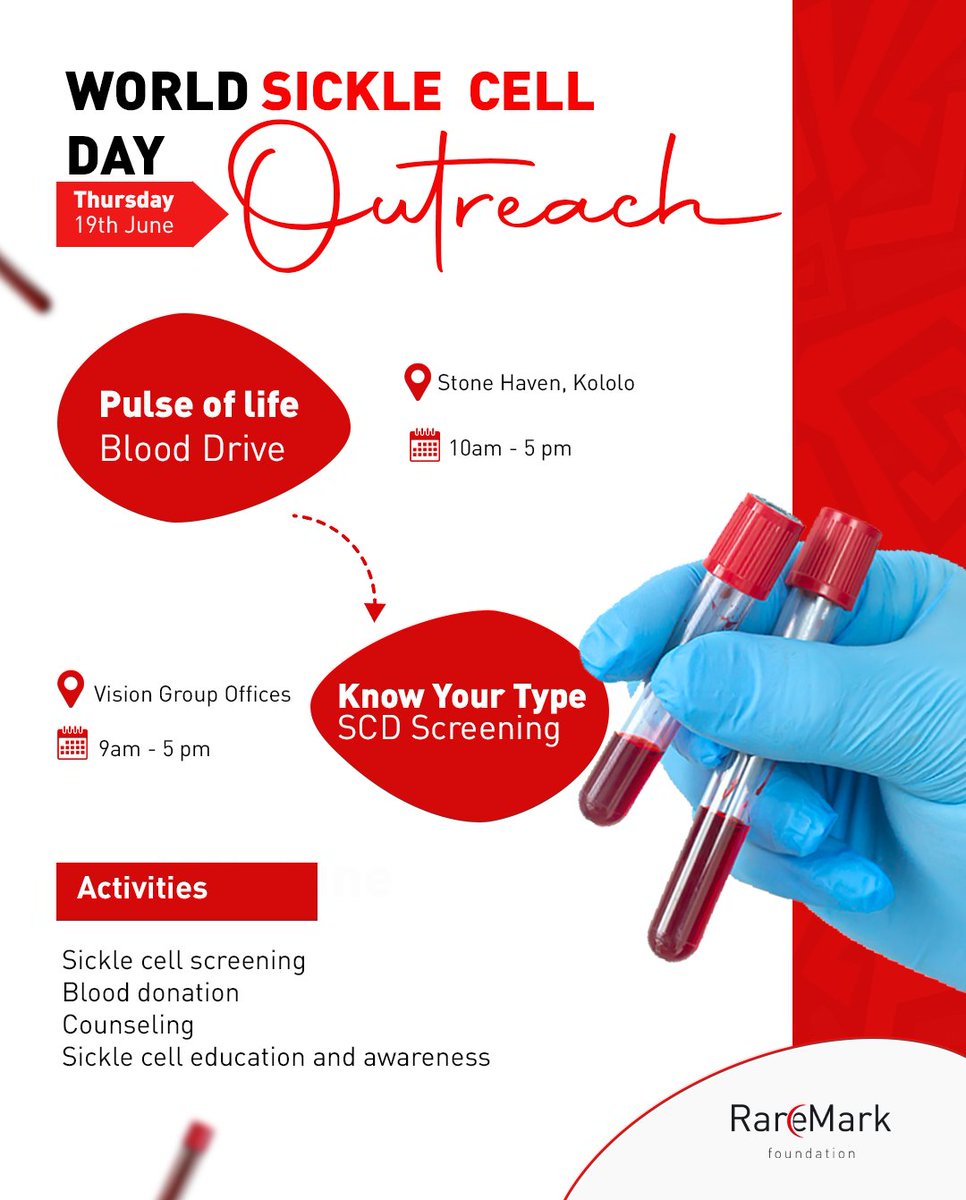 This #WorldSickleCellDay, the <a href="/RaremarkFdn/">Raremark Foundation</a> &amp; partners are hosting two free sickle cell screening outreaches on Thursday, June 19th.

Are you curious about your genotype? We invite everyone to join us at either location for a day focused on sickle cell awareness &amp; blood donation.