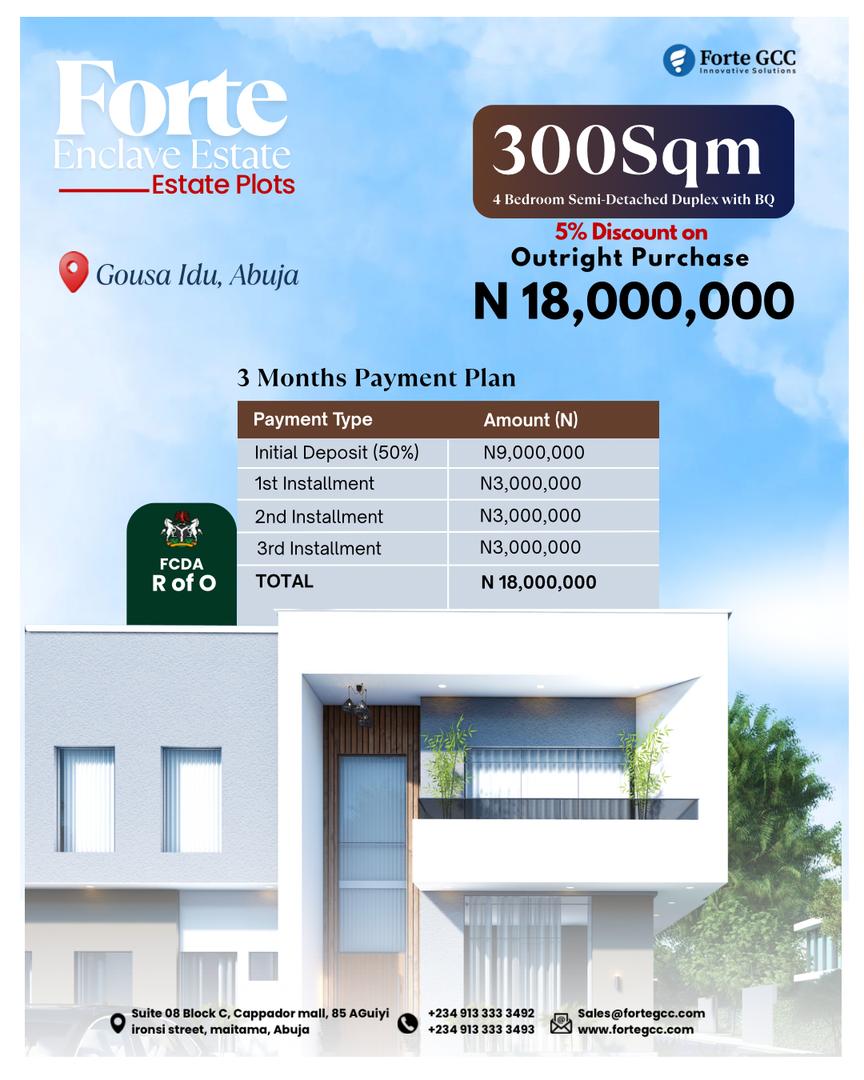 ForteGcc's tweet photo. ✅ 5-Bedroom Fully Detached Duplex with BQ – ₦27M
✅ 4-Bedroom Semi-Detached Duplex with BQ – ₦18M
✅ 3-Bedroom Terrace Duplex with BQ – ₦13M

💰 Flexible 3-month payment plans available
📜 FCDA R of O | 📍 Gousa Idu, Abuja

📞 Call/WhatsApp: +234 913 333 3492, +234 913 333 3493
📧 sales@fortegcc.com
🌐 https://t.co/uhpdgtqG0B