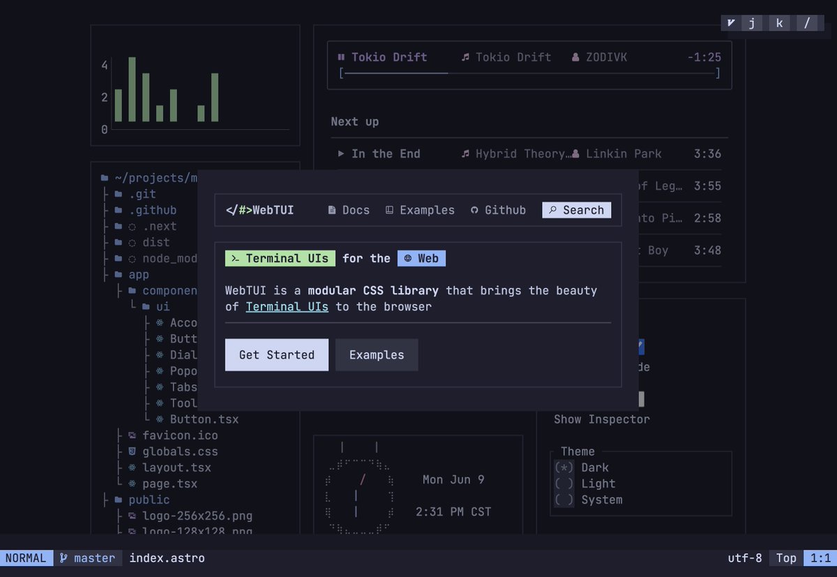 IroncladDev's tweet image. Announcing @webtui v0.1.2

- Landing page redesign
- Small tweaks and improvements to components and documentation
- 4 PRs and 5 issues closed

webtui.ironclad.sh