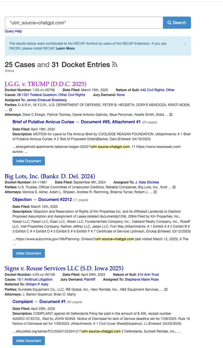 PeterHndrsn's tweet image. Thanks to the new utm_source field that ChatGPT attaches to links, we see a lot of filings in court that clearly show evidence of ChatGPT usage despite not yet being called out or do not contain hallucinated citations.
