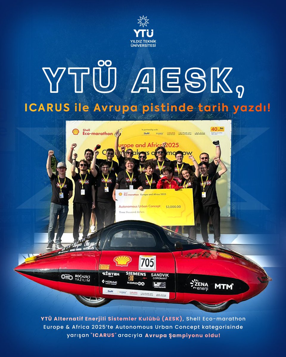 YTÜ AESK, ICARUS ile Avrupa pistinde tarih yazdı! 🏎

Yıldız Teknik Üniversitesi Alternatif Enerjili Sistemler Kulübü (AESK), Shell Eco-marathon Europe &amp; Africa 2025’te “Autonomous Urban Concept” kategorisinde yarışan otonom aracı ICARUS ile Avrupa Şampiyonu oldu! 🏆

Zorlu