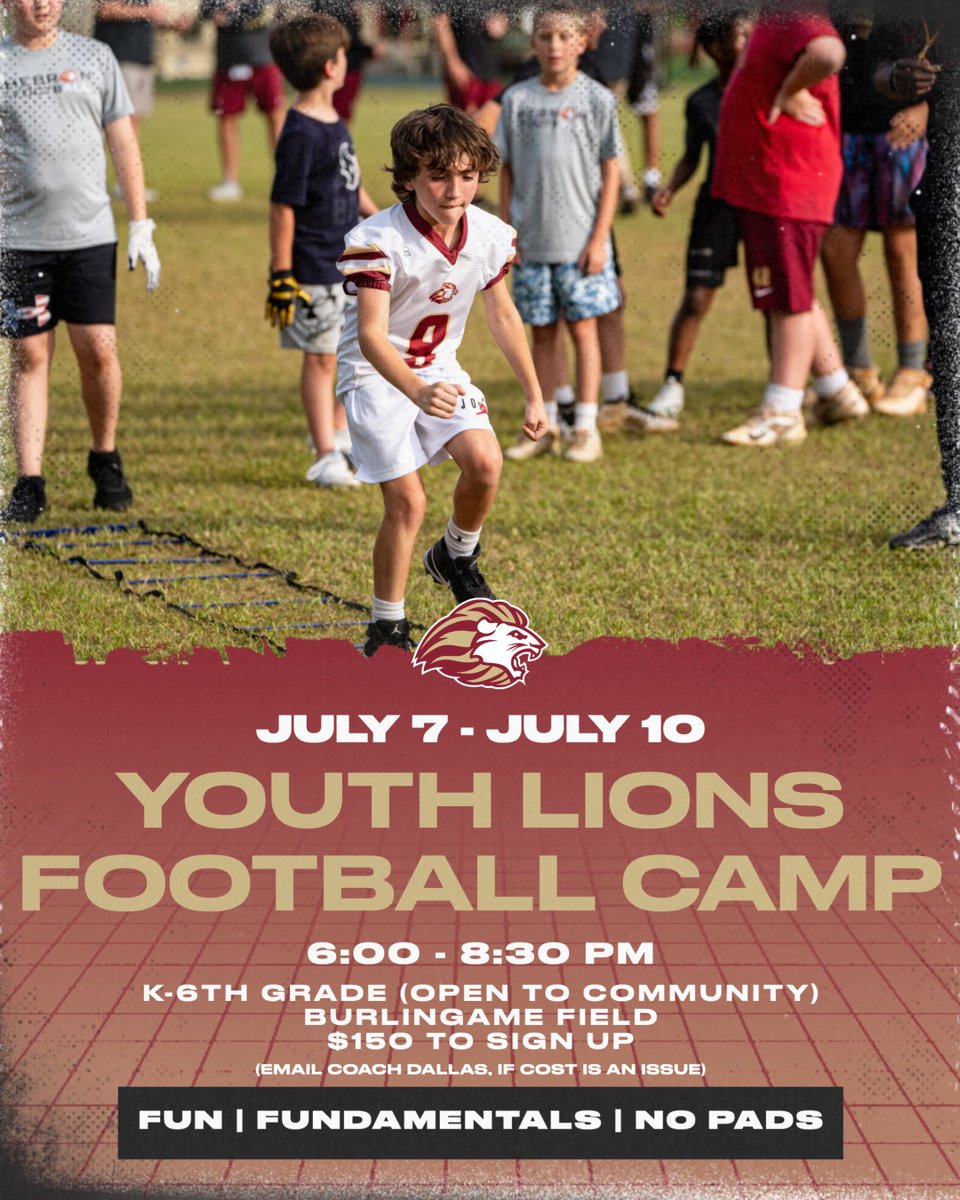 Register for our summer camp from July 7-10🏈

- K-6th grade boys
- 6-8:30 p.m.
- $150
- Burlingame Field

👉 hcalions.co/4e6VTgl