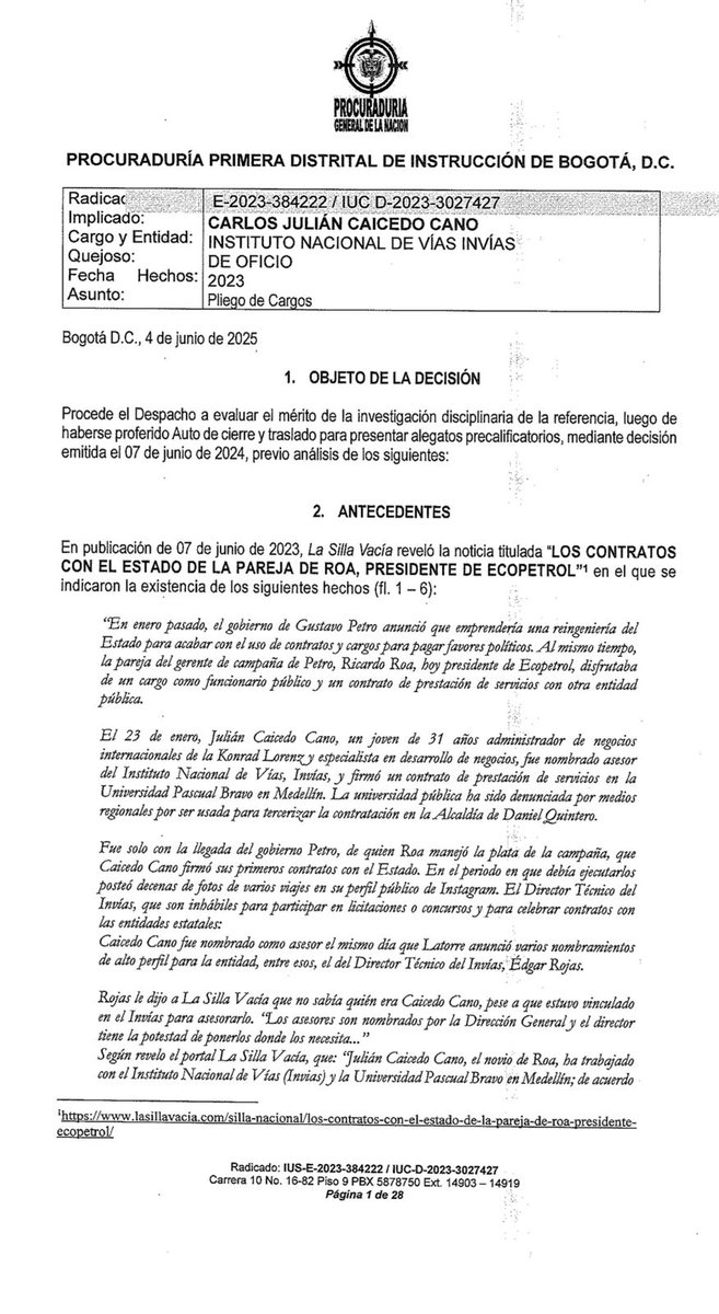 W Radio Colombia (@wradiocolombia) on Twitter photo #Atención | La Procuraduría General de la Nación (<a href="/PGN_COL/">Procuraduría General de la Nación</a>) llama a juicio disciplinario a Carlos Julián Caicedo, pareja de Ricardo Roa presidente de Ecopetrol, por presuntas irregularidades en su vinculación contractual con entidades públicas, luego de distintas denuncias. #Atención | La Procuraduría General de la Nación (<a href="/PGN_COL/">Procuraduría General de la Nación</a>) llama a juicio disciplinario a Carlos Julián Caicedo, pareja de Ricardo Roa presidente de Ecopetrol, por presuntas irregularidades en su vinculación contractual con entidades públicas, luego de distintas denuncias.