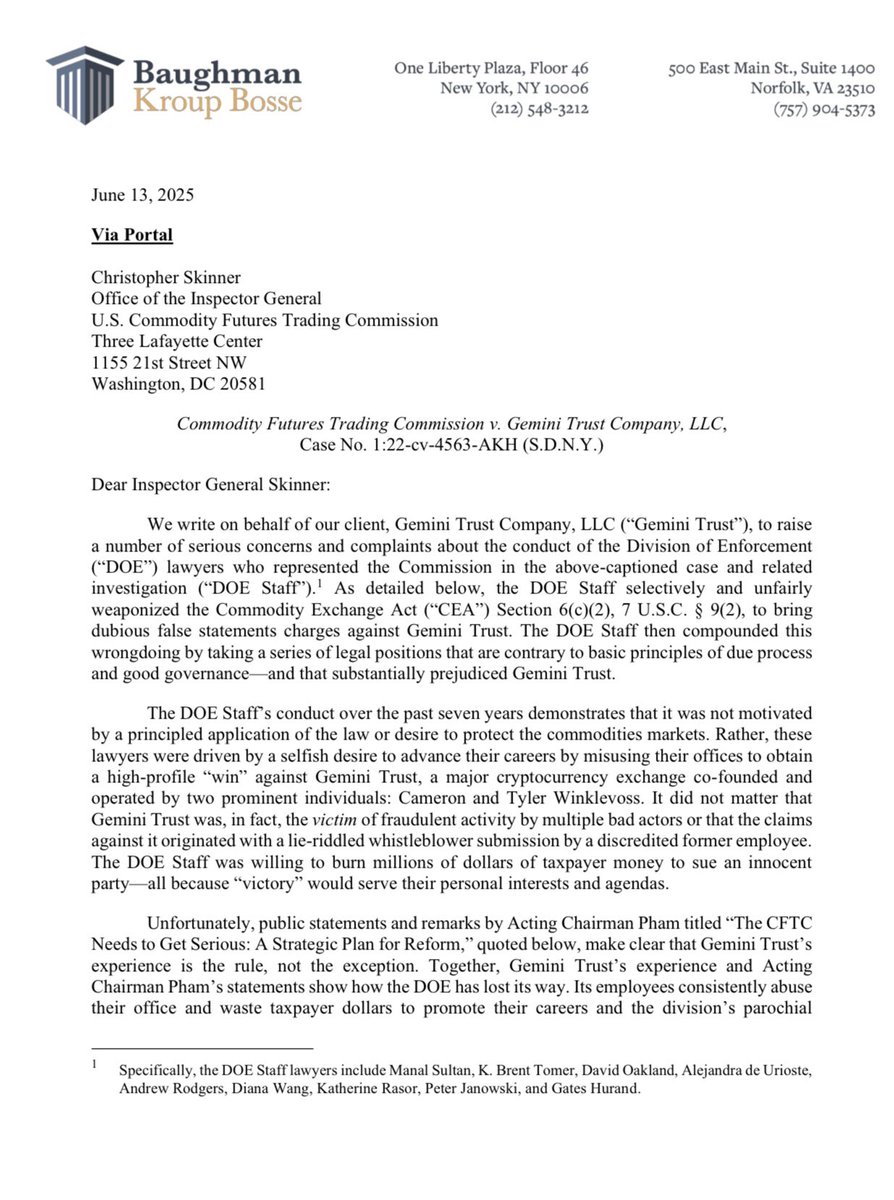 🚨NEW: Gemini has filed a scathing complaint against the @CFTC Enforcement  Division, accusing it of waging a 7-year campaign of “lawfare” against the  crypto exchange. Instead of going after real wrongdoers, Gemini