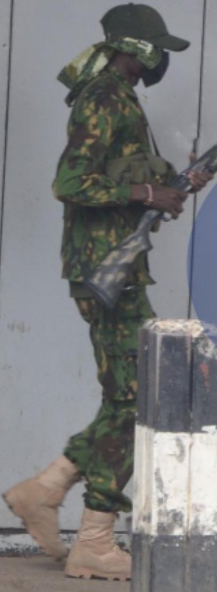 05BM44's tweet photo. RT widely. OSINT Twitter do your thing.

Brown combat boots (not standard issued)
Jungle green cap
Black mask &amp; custom scuff
Dark, Lean &amp; Tall with 🇰🇪 Wristband on Right hand.
Gun;long G3 battle riffle with brown spots butt stock without magazine 
Green tactical vest https://t.co/r2TfyhjQ4Z