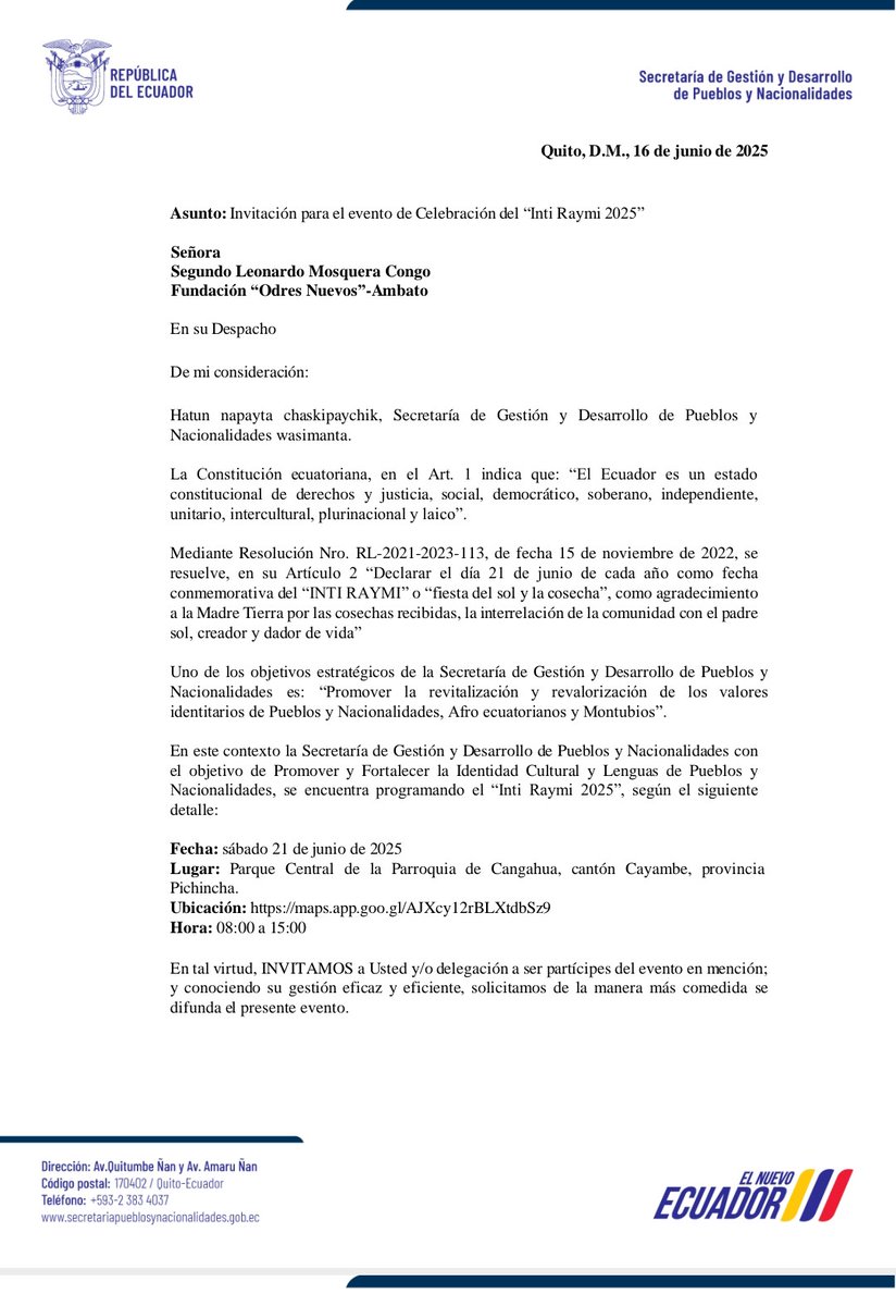LeoMosquera10's tweet photo. Gracias por la invitación estimada @JuliaTeoAG17 ahí estaremos como pueblo afroecuatoriano conmemorando y respaldando toda acción de la Secretaria @Secretaria_PyN y de los hermanos Indígenas. @DanielNoboaOk @JoseDeLaGasca @Vicente_Auad https://t.co/Pnsz7UTNZz